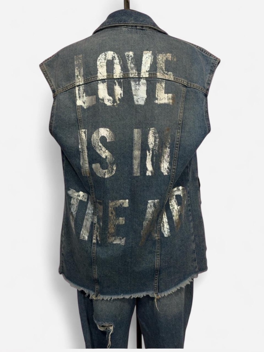 ONLY Amira Oversized Denim Vest Graphic Distressed Grunge EU 34 USA 2